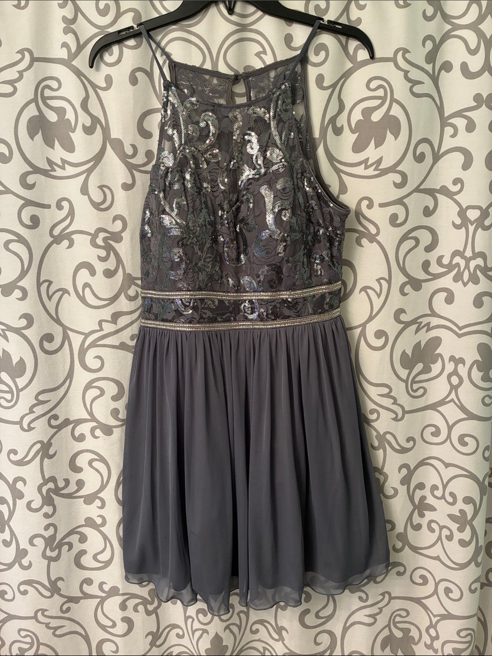 BCX Silver Lace and Sequin Evening Dress